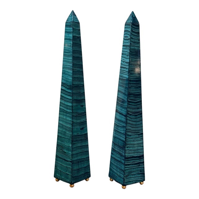 1960s Monumental Pair Faux Malachite Obelisks on Gold Ball Feet For Sale
