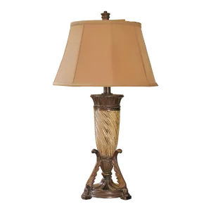 Dale Tiffany Styled Bronzed-Ceramic and Crinkled Glass Table Lamp With Copper Accents