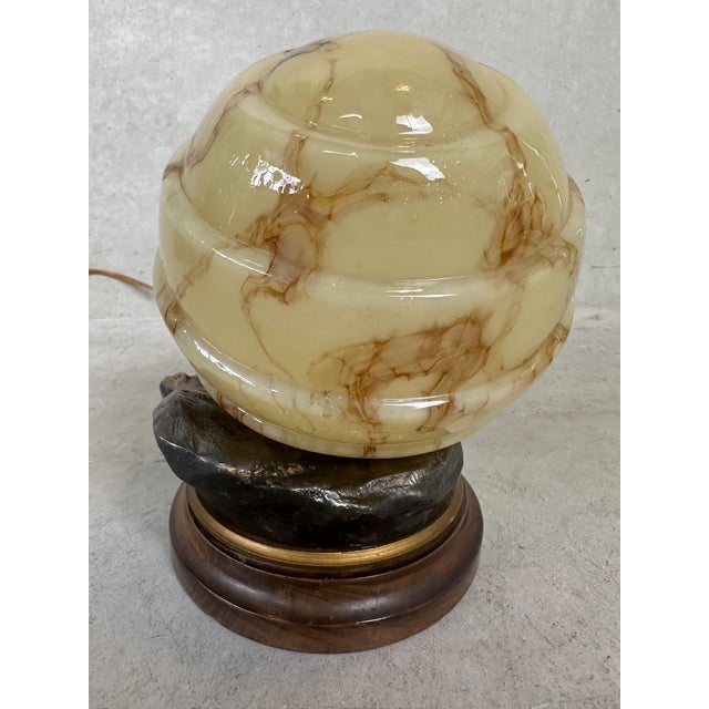 Art Deco Table Lamp in Opaline Glass and Bronze by J.M., Belgium, 1930s For Sale - Image 4 of 13