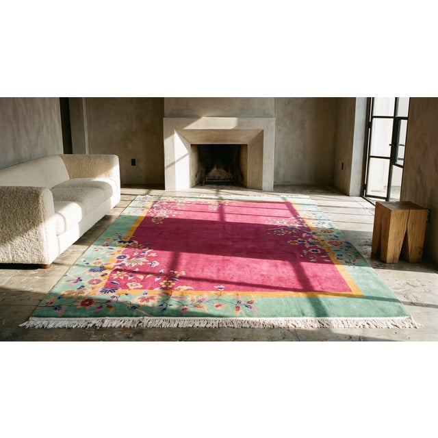 Dark Pink 1920s Pink Dark Floral Antique Chinese Art Deco Rug 9' X 11'6" Handknotted Wool Carpet For Sale - Image 8 of 8