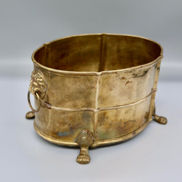 Vintage Brass Jardinière, Regency Style, Lion Head Ring Handles, Claw Feet For Sale - Image 4 of 7