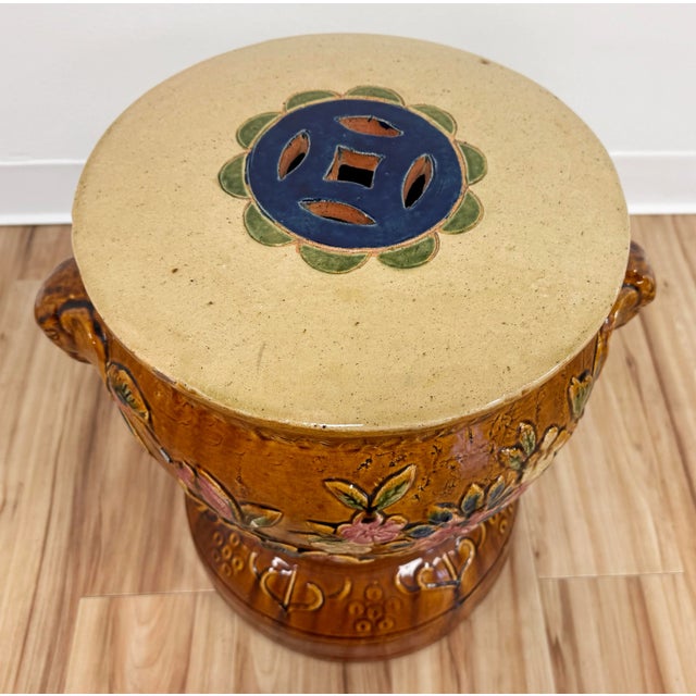 Majolica Vintage Majolica Style Floral Elephant Garden Stool For Sale - Image 4 of 12