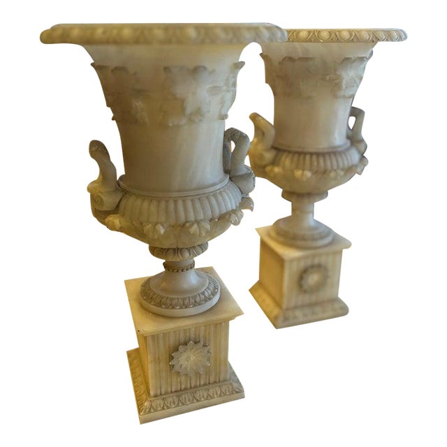 19th Century Pair French Carved Alabaster Lighted Urn Torchieres For Sale