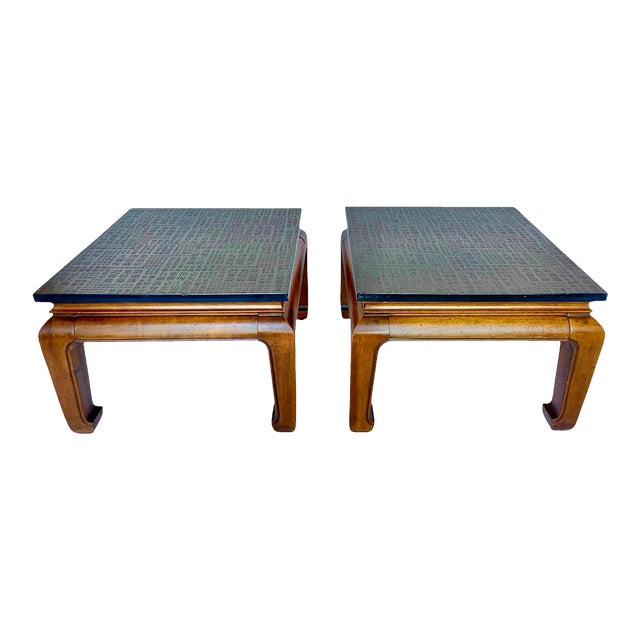 Vintage Ming Coffee Tables With Etched Stone Tops - a Pair For Sale