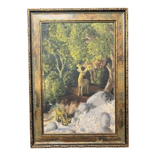 1950s Mid-Century Modern Rustic Deer Woodland Oil Painting With Heavy Impasto – Signed & Framed For Sale
