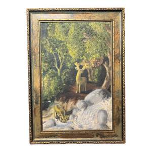1950s Mid-Century Modern Rustic Deer Woodland Oil Painting With Heavy Impasto – Signed & Framed