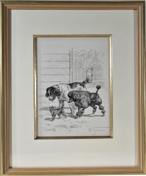 Margaret Sweet Johnson, "Two Dogs, One Cat Walking" Original ink drawing, Circa 1930