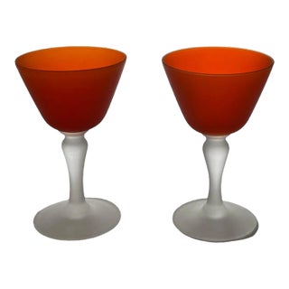 Set of 2 Vintage Orange Satin Glass Cordial Glasses by Carlo Moretti For Sale