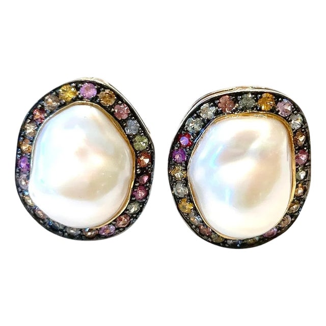 Bochic “Capri” Vintage Multi Sapphire & Pearl Earrings Set In 18K Gold & Silver For Sale