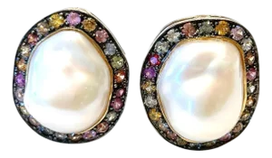 Bochic “Capri” Vintage Multi Sapphire & Pearl Earrings Set In 18K Gold & Silver