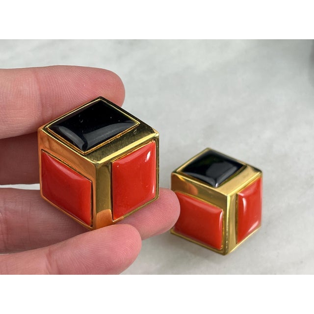 1980s Givenchy Earrings: Vintage Orange & Black Enamel Gold Tone Cubes, A Pair For Sale - Image 6 of 8