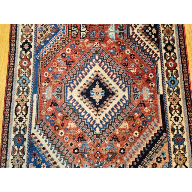 Vintage Persian Shiraz Tribal Runner Rug, Hand-Knotted Wool, Geometric Medallion Pattern, Red & Blue, 3x10 For Sale - Image 12 of 15