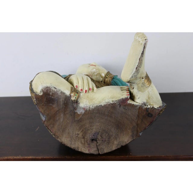 Pink Mid 20th Century Wood Carved Seated Asian Baby Jeweled Lacquered Sculpture, Thailand For Sale - Image 8 of 11