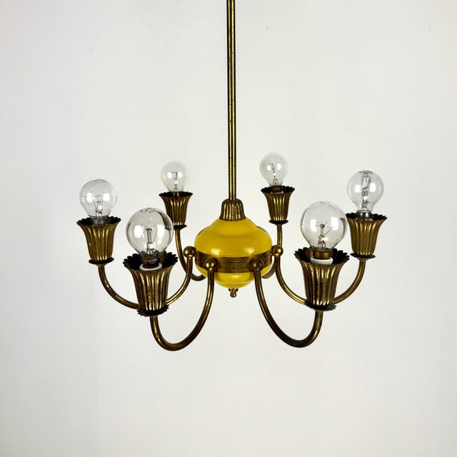 Vintage Italian Six-Arm Brass Chandelier, 1940s For Sale - Image 6 of 10