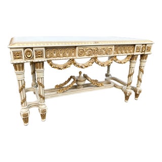 1970 French Louis XVI Cream Gold Beech Center Table For Sale