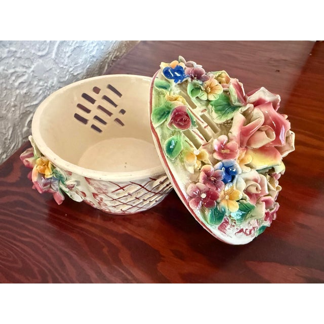 Vintage Italian Capodimonte Porcelain Flower Basket Box With Applied Roses For Sale - Image 9 of 11