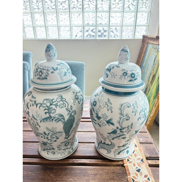 Ceramic Late 20th Century Extra Large Blue and White Chinoiserie Porcelain Ginger Jars With Bird and Floral Motif - A Pair For Sale - Image 7 of 10