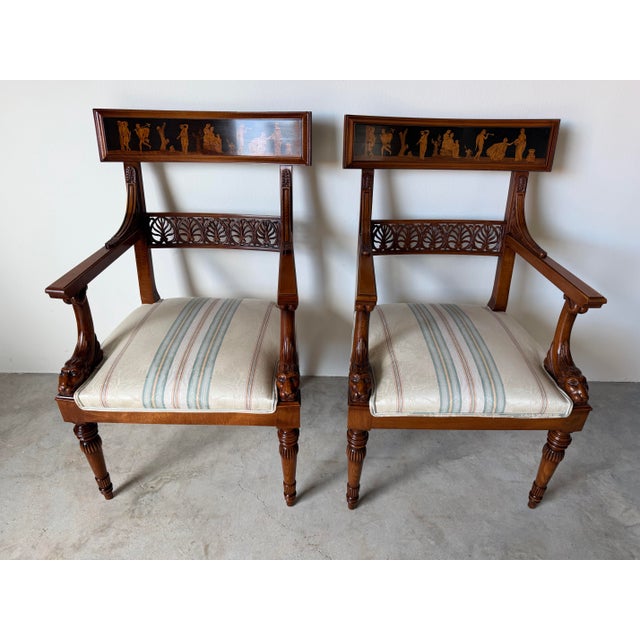 Brown Vintage Neoclassical George Jacob-Style Carved Wood Armchairs – A Pair For Sale - Image 8 of 16
