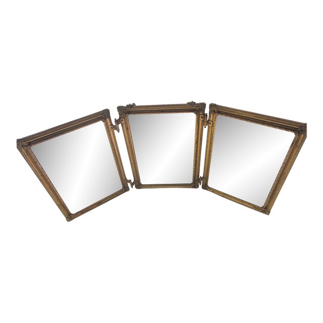 Art Deco Triptych Bronze Pictorial Beveled Boudoir Folding Mirror For Sale