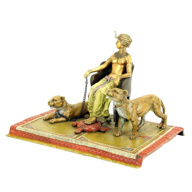 Orientalist Polychrome Bronze Pharaoh Sculpture with Lionesses For Sale - Image 5 of 13