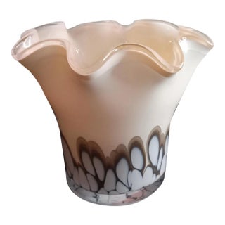 1990s Art Deco White Art Glass Vase With Ruffled Edges For Sale