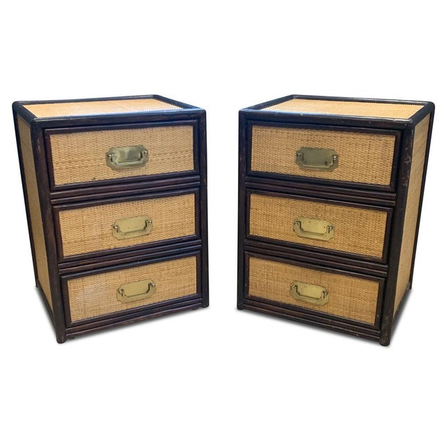 Brown Mid-Century Glazed Rattan 3-Drawer Nightstands, 1950s, Set of 2 For Sale - Image 8 of 14