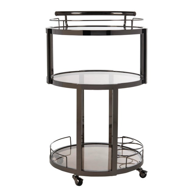 Modern 3 Tier Round Bar Cart And Wine Rack in Gun Metal & Tinted Glass For Sale - Image 3 of 7