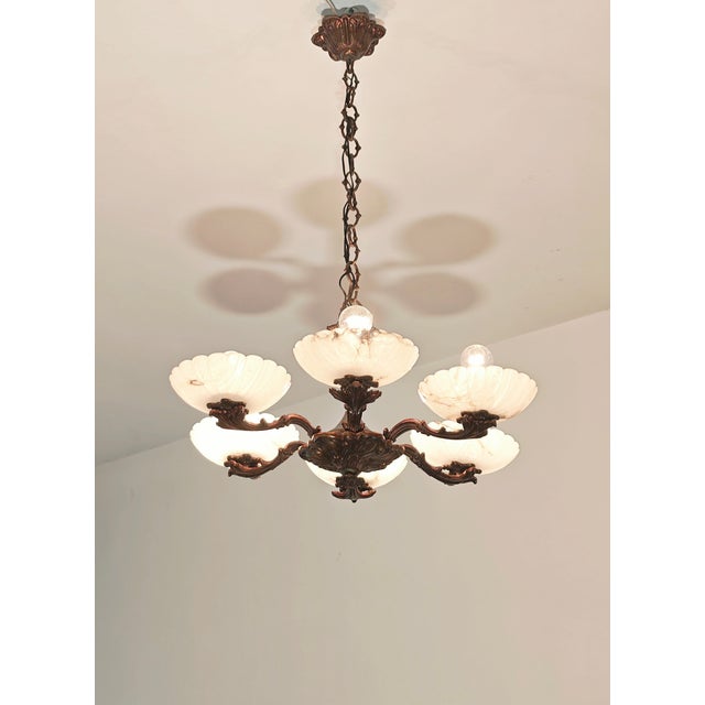 Copper Art Deco Bronze Chandelier with Six Alabaster Lampshades, Made in Italy in the 1950s/1960s. For Sale - Image 8 of 18