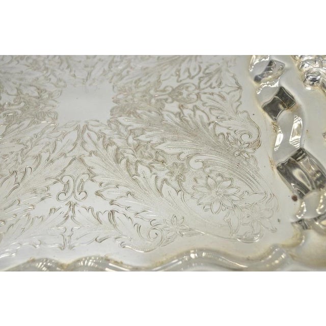 Vintage English Silver Mfg. Silver Plated Ornate Square Bar Serving Platter Tray For Sale - Image 10 of 14