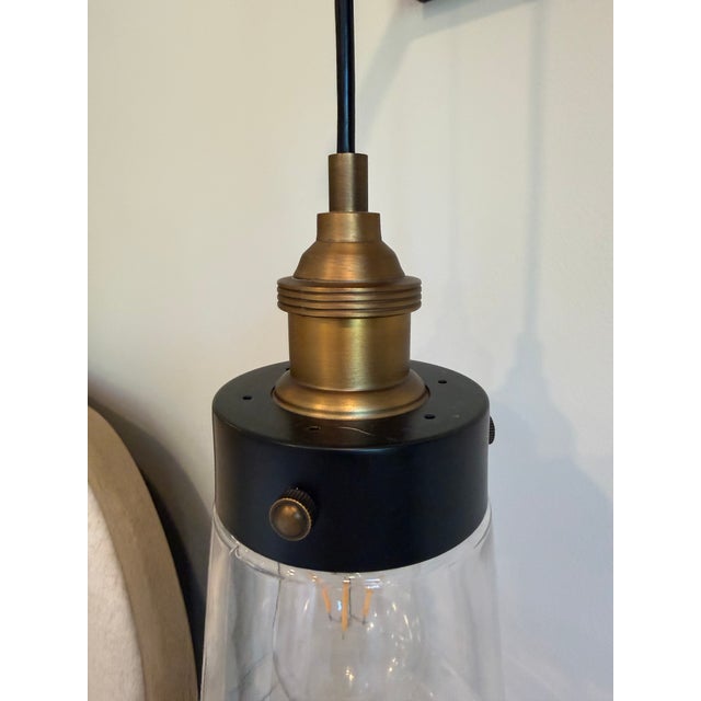 2020s Industrial Blackened Brass & Antique Brass Hanging Glass Wall Sconces - a Pair For Sale - Image 5 of 6