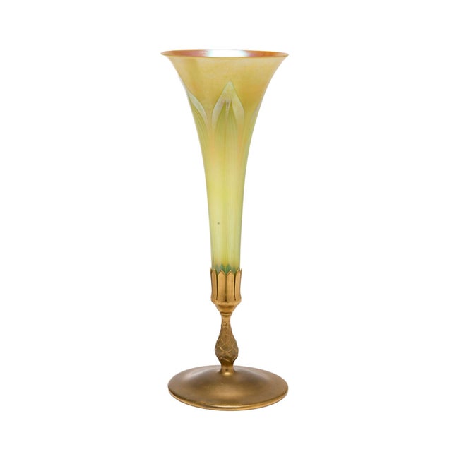 20th Century l.c. Tiffany Favrile Glass and Gilt Bronze Trumpet Vase, No. 1043 For Sale - Image 10 of 10