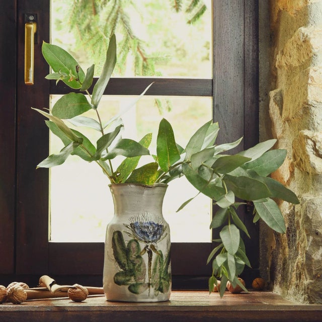 Albert Thiry mid-century ceramic pitcher circa 1970s. with his classic design scheme in milky-white glazed with painted...