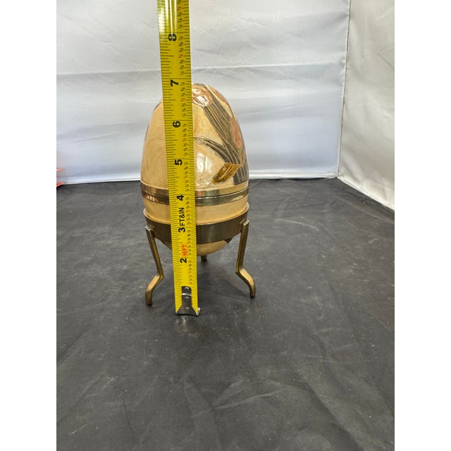 Vintage Gold Beige Cloisonne Enamel Brass Egg on Stand Lift Off Trinket Box 6" For Sale In New York - Image 6 of 10