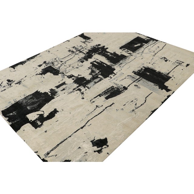 Rug & Kilim Rug & Kilim’s Abstract Rug in Ivory With Black and Ice Blue Patterns For Sale - Image 4 of 7
