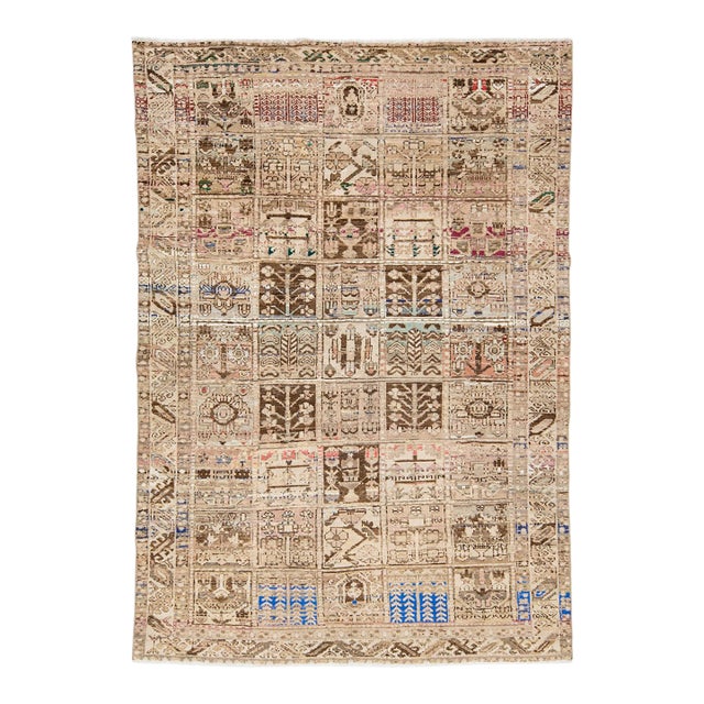 Vintage Wool Rug in Earthy Neutrals & Vibrant Accent Motifs For Sale