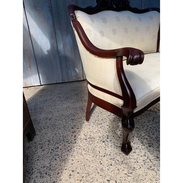 Early 20th Century Antique Victorian Style Carved Walnut Parlor Set, Loveseat and Lounge Chair For Sale - Image 10 of 13