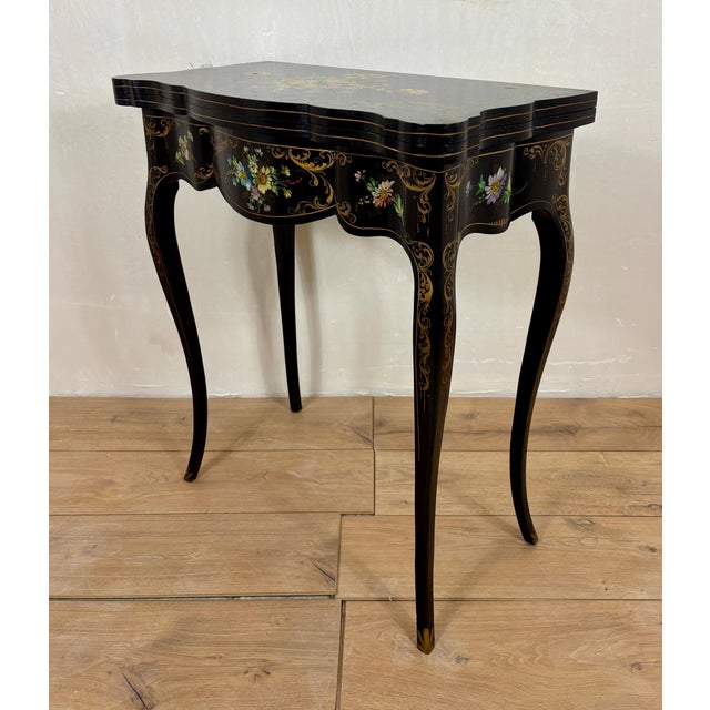 Chinese Black Lacquer Games Table with Hand-Painted Floral Decoration For Sale - Image 11 of 18