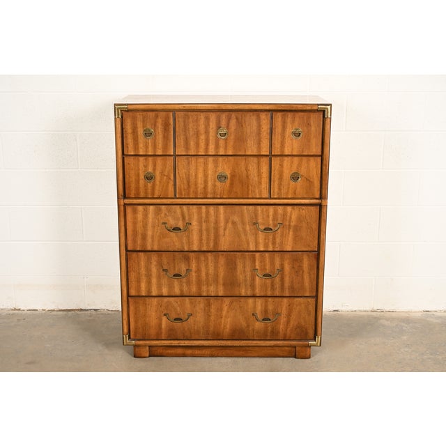 A gorgeous Mid-Century Modern Hollywood Regency Campaign style highboy dresser or chest of drawers By Drexel USA, 1970s...