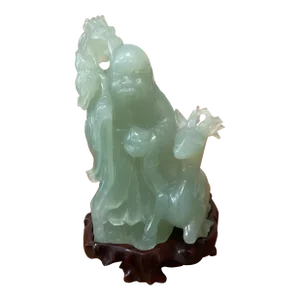 Early 20th Century Chinese Natural Jade Carved God of Longevity With Dragon Head Deer on Wood Stand