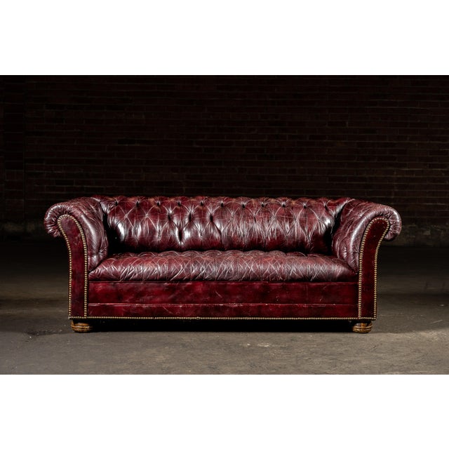 Mid 20th Century Deep Oxblood Leather Chesterfield Sofa With Nailhead Trim For Sale - Image 4 of 12