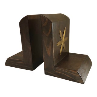 Vintage Wooden Bookends With Brass Stars For Sale