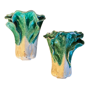 Antique 19th Century Chinese Pottery Wall Pockets or Vases in the Form of Bok Choy Cabbage - A Pair