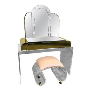 Lucite Vanity, Mirror & Scroll Ottoman Bench by Hill Manufacturing 1970s For Sale