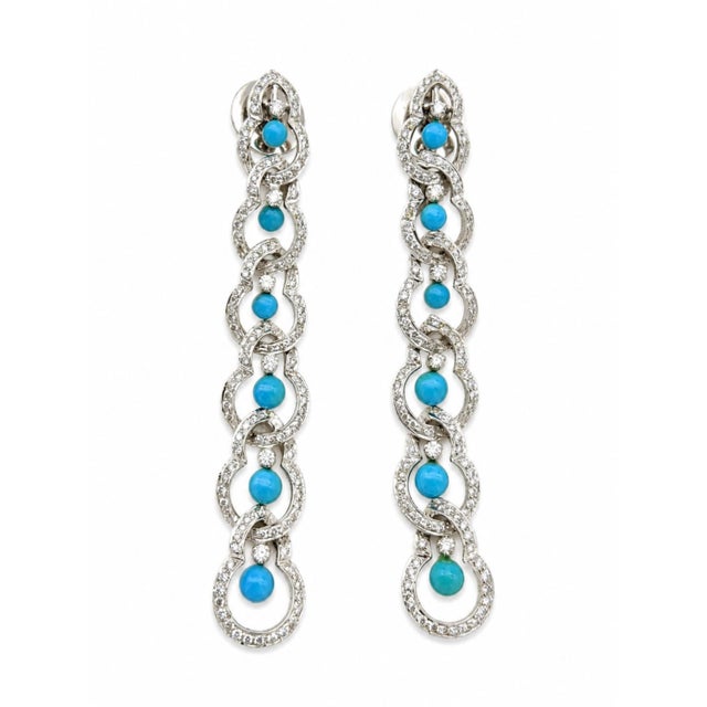 Metal Natural Turquoise 2.47cts & Diamond 1.86cts Earring in 14k Gold For Sale - Image 7 of 8