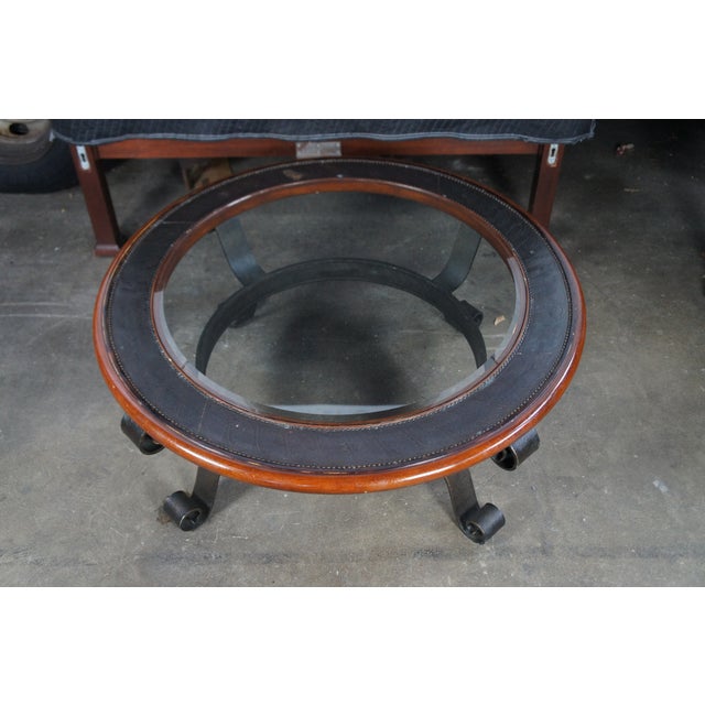 Early 21st Century Maitland Smith Mahogany & Iron Modern Round Glass Top Coffee Cocktail Table For Sale - Image 5 of 12