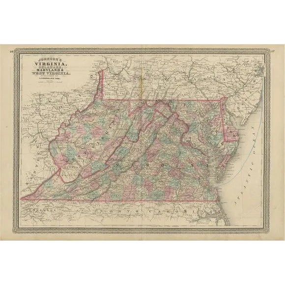 Antique Map of Virginia, Delaware, Maryland and West Virginia by Johnson, 1872 For Sale