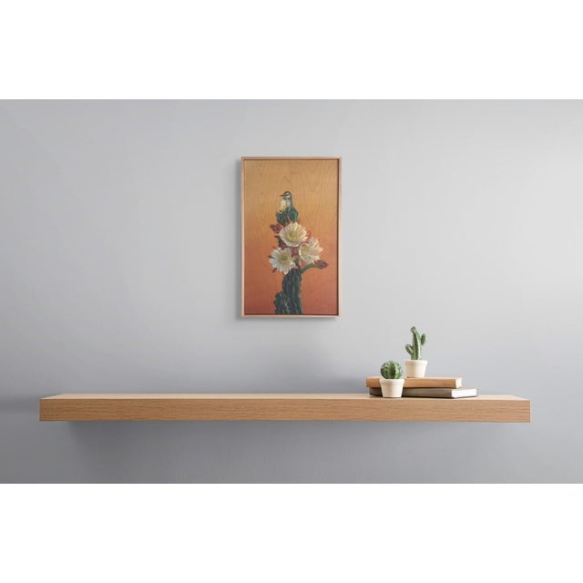 Early 21st Century Cactus Wren and Desert Bloom by Terra Novak | Oil on wood of a bird on a cactus with flowers For Sale - Image 5 of 5