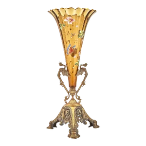 Bronze Mounted Holder / Enameled Art Glass French Decorative Trumpet Vase