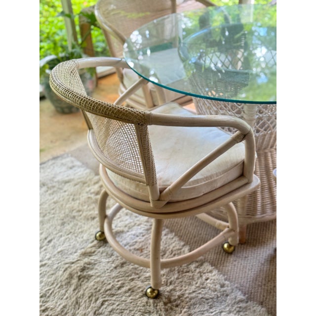 Vintage Rattan Dining Set, White Bamboo Boho Table With Glass Top For Sale - Image 4 of 12