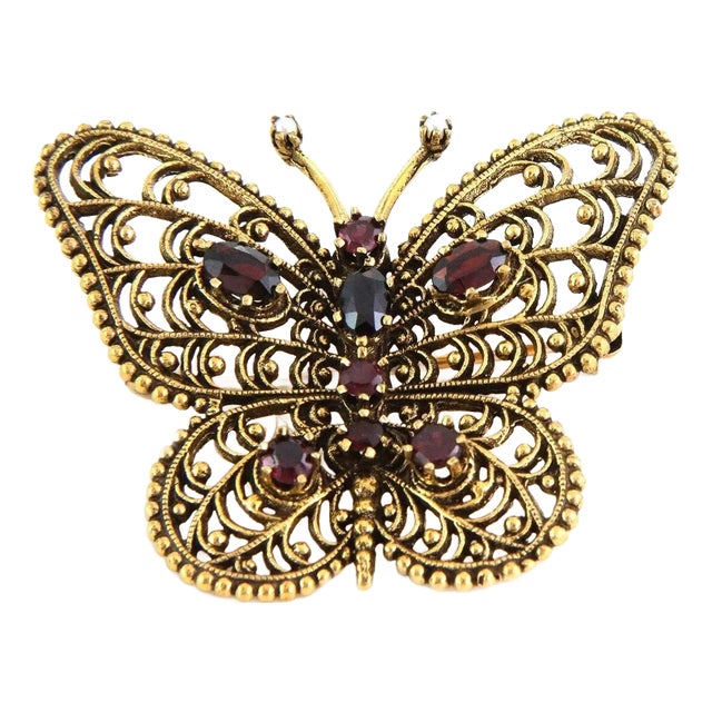 Vintage Garnet 14k Yellow Gold Filigree Butterfly Brooch For Sale